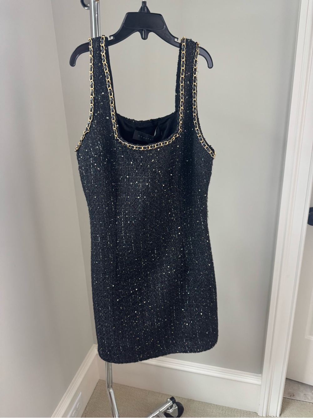 Endless Rose Black Tweed Mini Dress with Gold Chain Trim